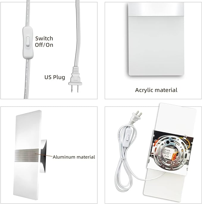 KICAAO Wall Sconces, Modern Wall Sconce Plug in 10W 6000K Cool White Acrylic - Image 6