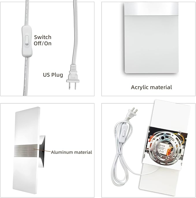 KICAAO Wall Sconces, Modern Wall Sconce Plug in 10W 6000K Cool White Acrylic - Image 4