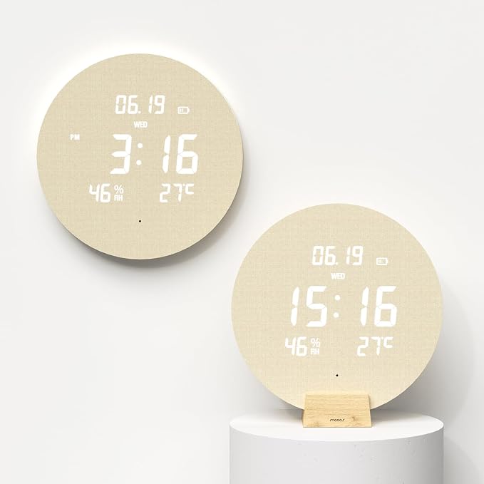 mooas Wood Moon Cordless Digital LED Wall Clock, Time Week Temperature & - Image 2