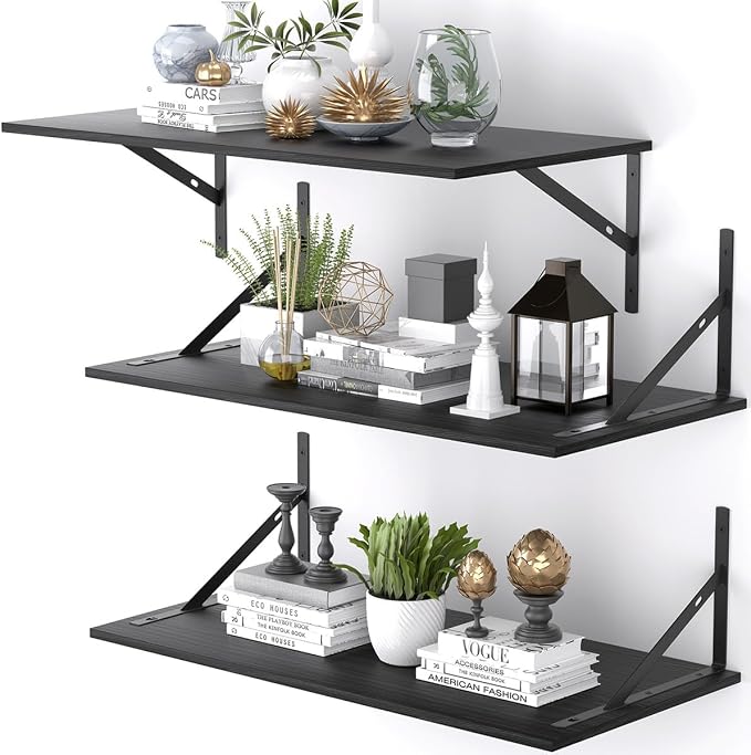 Deep Floating Shelves for Wall Set of 3, 24W x 12 Inch Deep Black Floating by Unknown