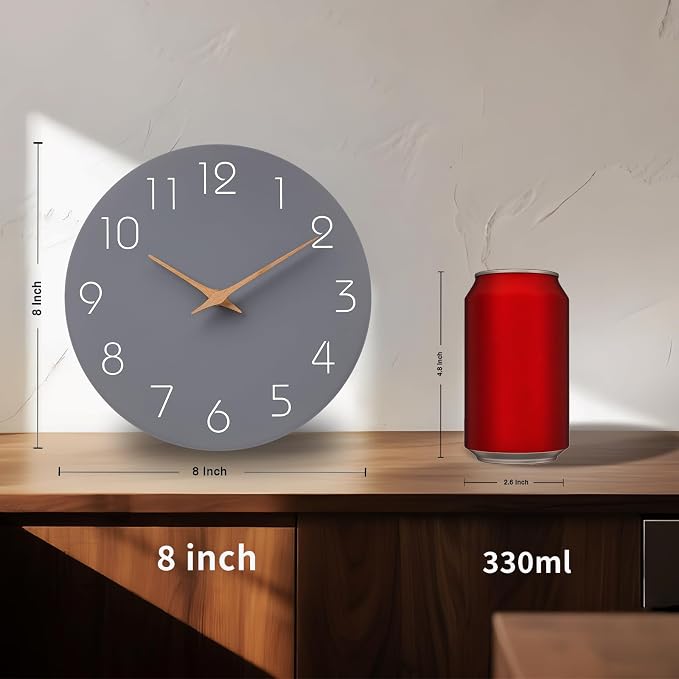 Mosewa Wall Clock 8 Inch Gray Battery Operated Silent Non Ticking Simple Modern - Image 4