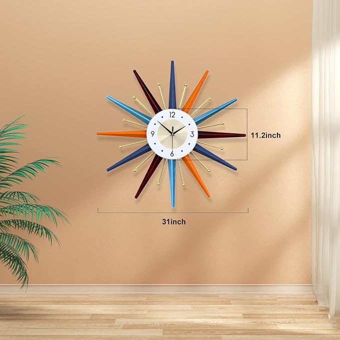 FIELDY Large Wall Clock 31 Inch Mid Century Wall Clocks Starburst Clock Non - Image 6