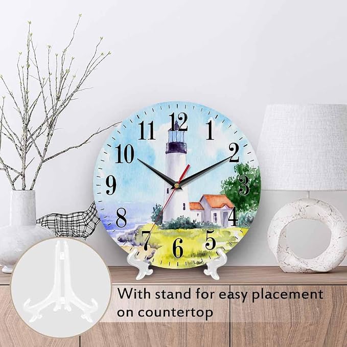 Mxocom Watercolor Lighthouse Wall Clock Building Green Hill Blue Skies House - Image 3