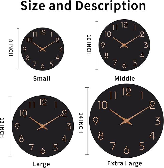 Mosewa 12 Inch Black Wall Clock Battery Operated Silent Non Ticking Modern - Image 2