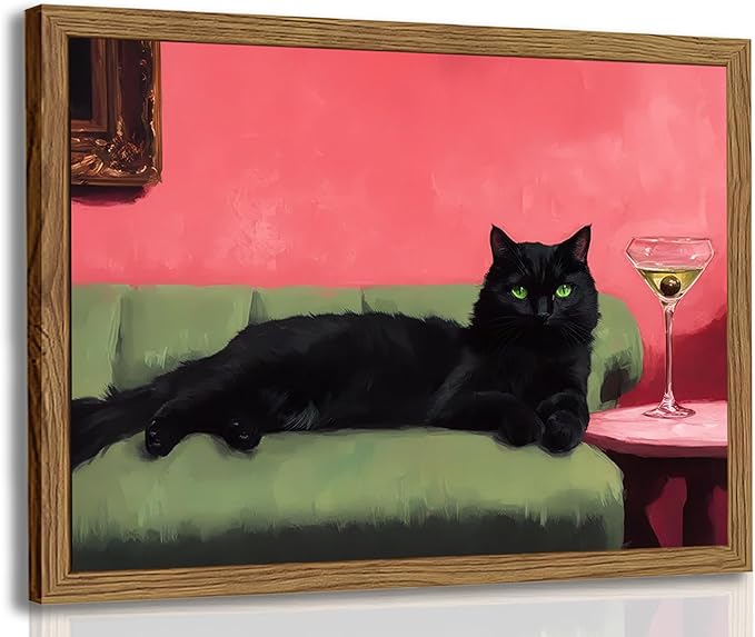 Cute Black Cat With Martini Wall Art Funny Animal Wall Decor Quirky Whimsical by WARTHZwallart