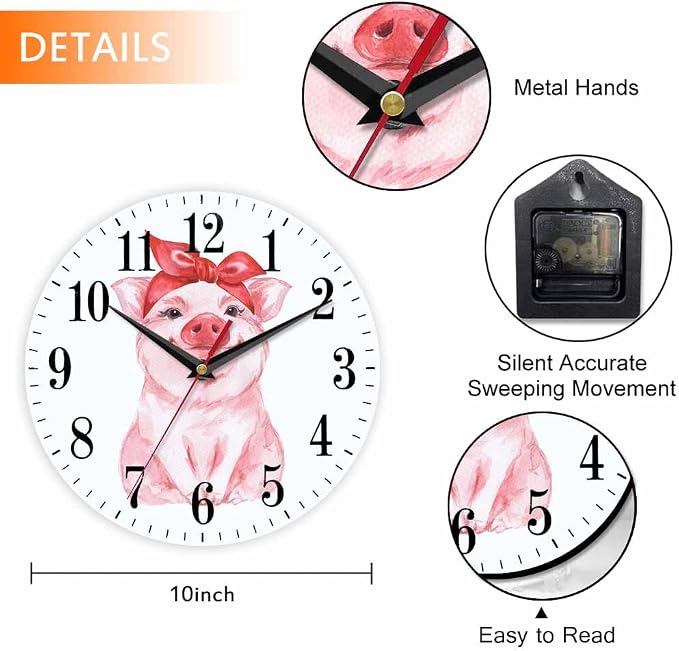 Mxocom Pink Pig Wall Clock Funny Cartoon Pig Wearing Red Bandana 10 Inch Silent - Image 2