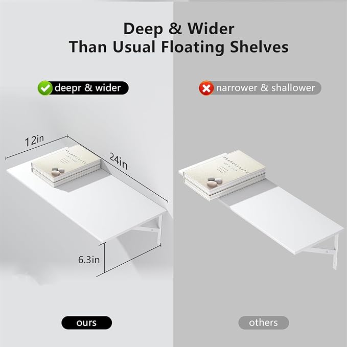 Deep Floating Shelves for Wall Set of 3, 24W x 12 Inch Deep White Floating - Image 4