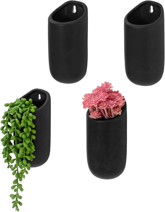 MyGift Set of 4 Mini Matte Black Ceramic Indoor Wall Planter, 6 Inch by MyGiftHome