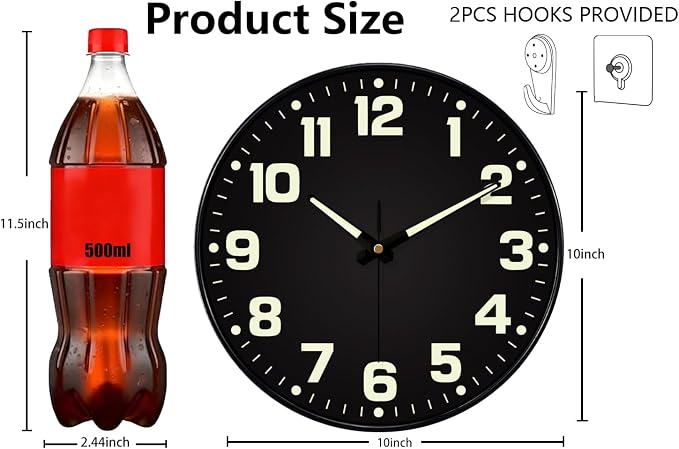 Glow in The Dark Wall Clock Non Ticking, 10 inch Silent Wall Clocks Battery - Image 3