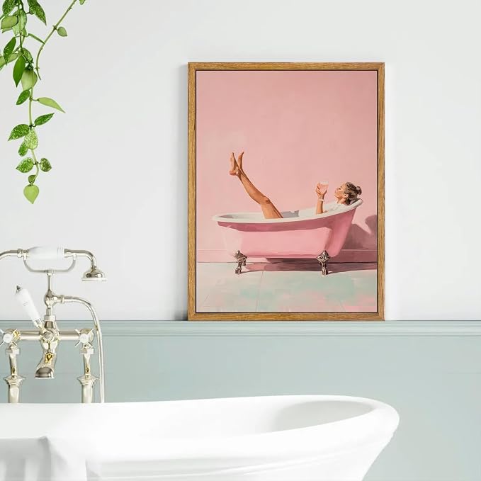 AtterrirArt Framed Pink Bathroom Wall Art, 12 * 16inch, Minimalist Bathtub - Image 3