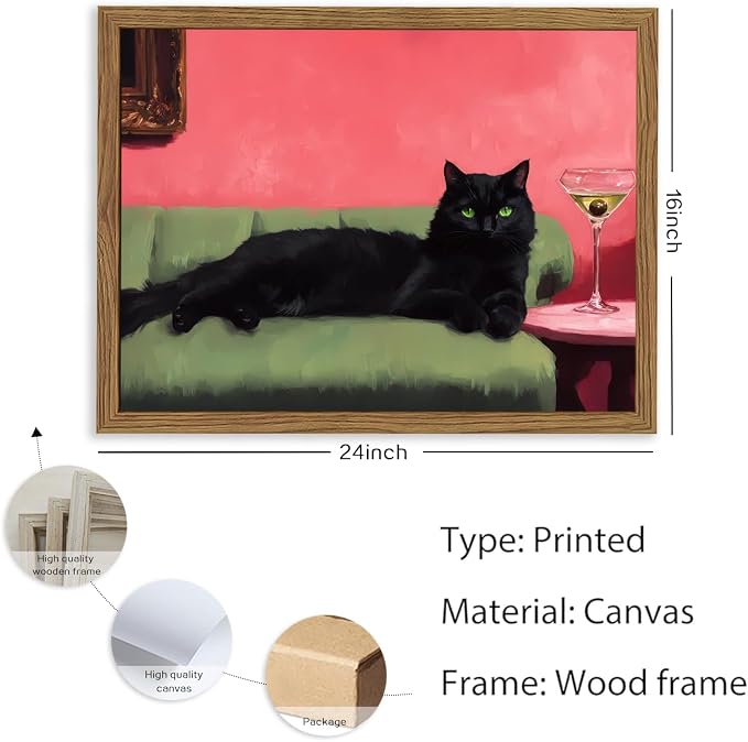 Cute Black Cat With Martini Wall Art Funny Animal Wall Decor Quirky Whimsical - Image 2