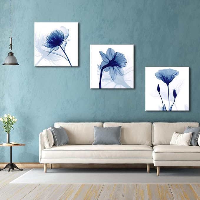 Wieco Art Blue Abstract Flowers 3 Panels Canvas Prints Wall Art Modern Pictures - Image 5