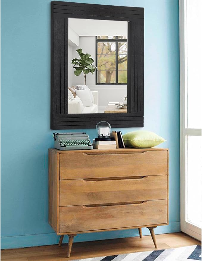 Black Rectangular Vintage Rustic Wood Framed Large Mirror - Image 4