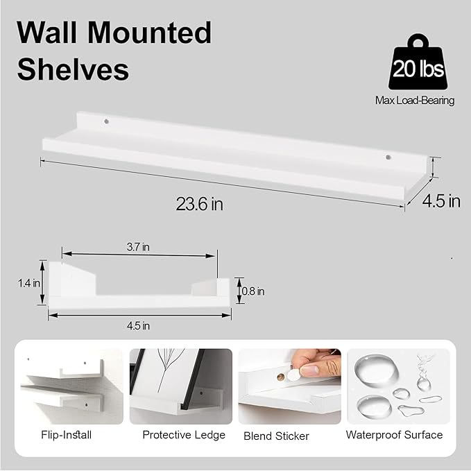 White Floating Shelves for Wall Decor, Long Wall Mounted Storage Shelf for - Image 3