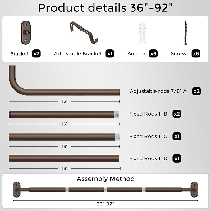 Curtain Rods 36-88 Inch, Bronze Wrap Around Blackout Curtain Rods - Image 7