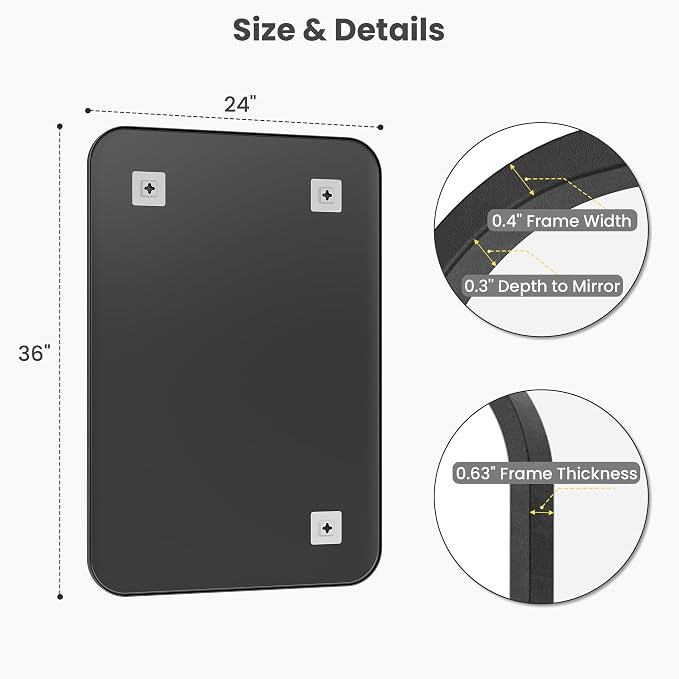 24x36 Inch Matte Black Bathroom Vanity Mirrors | Flush Mount Deep Set Metal - Image 6