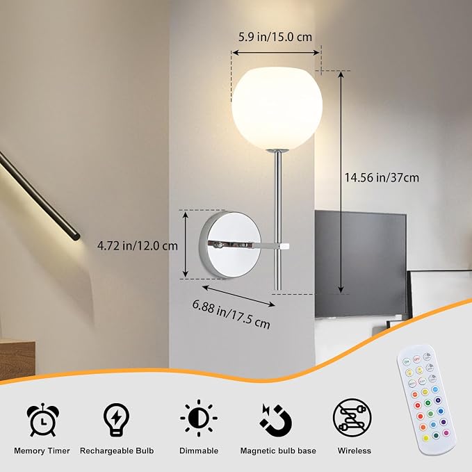 Chrome Battery Operated Wall Sconces Set of 2, Rechargeable Wireless Wall Lights - Image 2