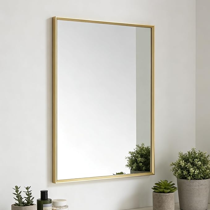 Bathroom Mirror for Wall, 16x24 Inch Metal Framed Mirror, Brushed Gold by Ruomeng