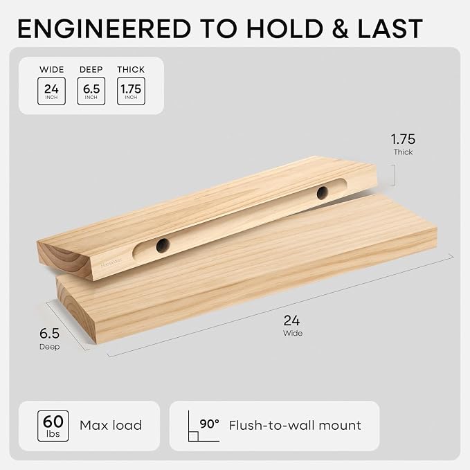Homeforia 24 inch Natural Floating Shelf, High End Solid Real Wood 24inch Small - Image 3