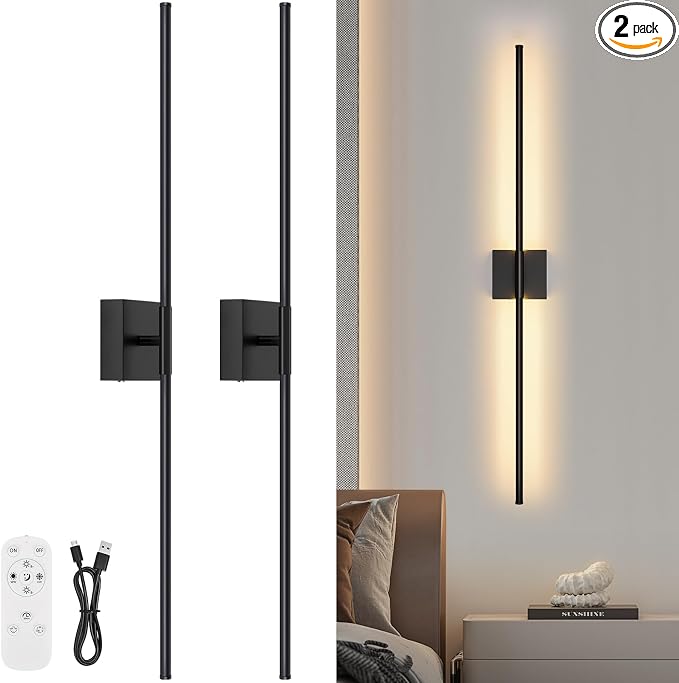 Wall Sconces Set of Two with Remote Control, 39.4 in Dimmable Black Battery by JZEKVN