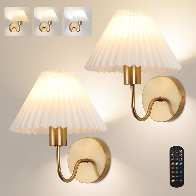 Wireless Wall Sconce Sets of 2, Pleated Shades Rechargeable Battery Operated - Image 9