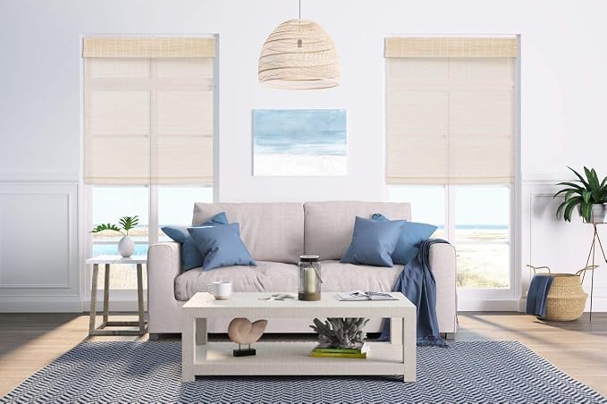 Cordless Woven Wood Roman Shades, 65W x 60H, Bamboo Mesh Natural, Sizes 20-72 - Image 4