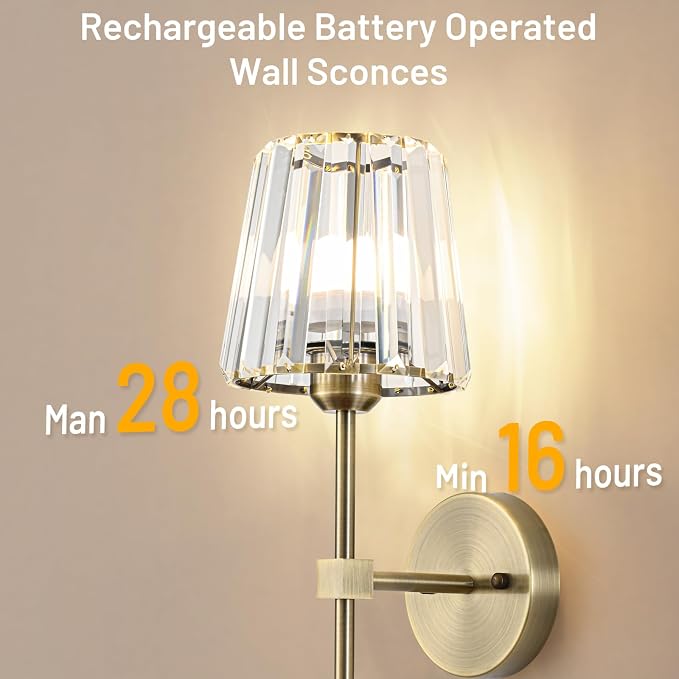 Crystal Battery Operated Wall Sconces Set of 2, Brass Rechargeable Wireless - Image 9