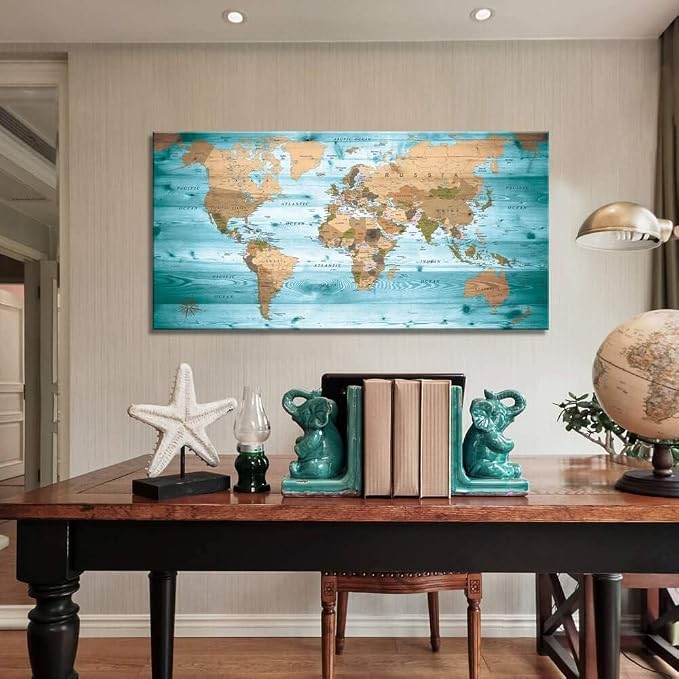 Large Wall Art Blue map of The World Painting Ready to Hang 24"x48"Large Framed - Image 3
