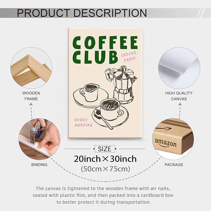 Framed Canvas Wall Art Posters Kitchen Coffee Club Print Vintage Coffee Artwork - Image 2