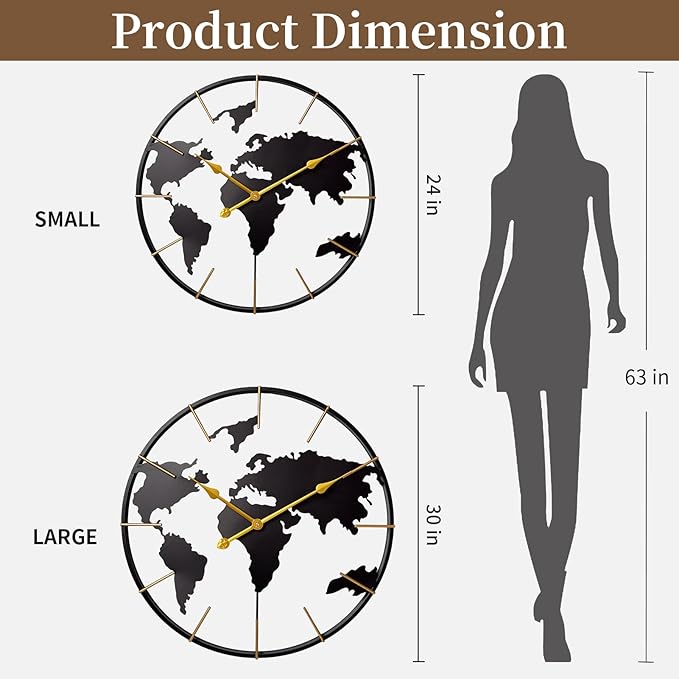 Large World Map Wall Clock, Metal Minimalist Modern Clock, Round Silent - Image 2