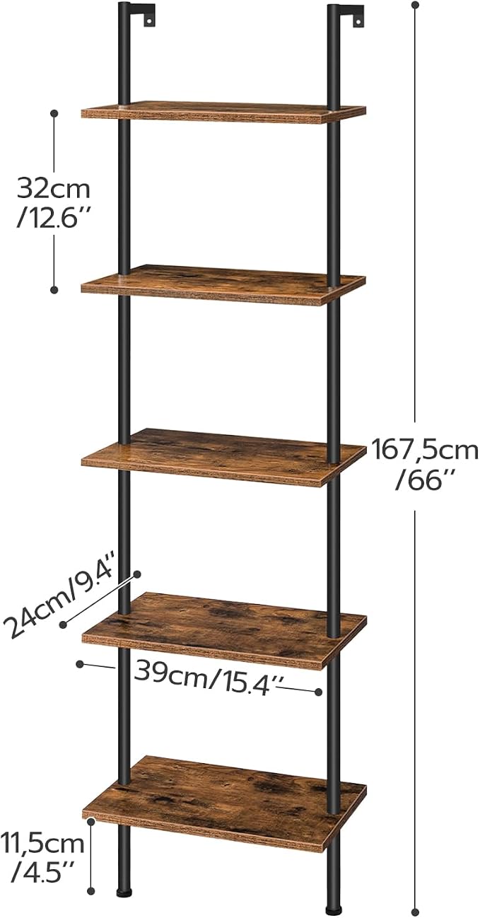 HOOBRO DIY Ladder Shelf, 5-Tier Wooden Wall Mounted Bookshelf, Narrow Bookcase - Image 3