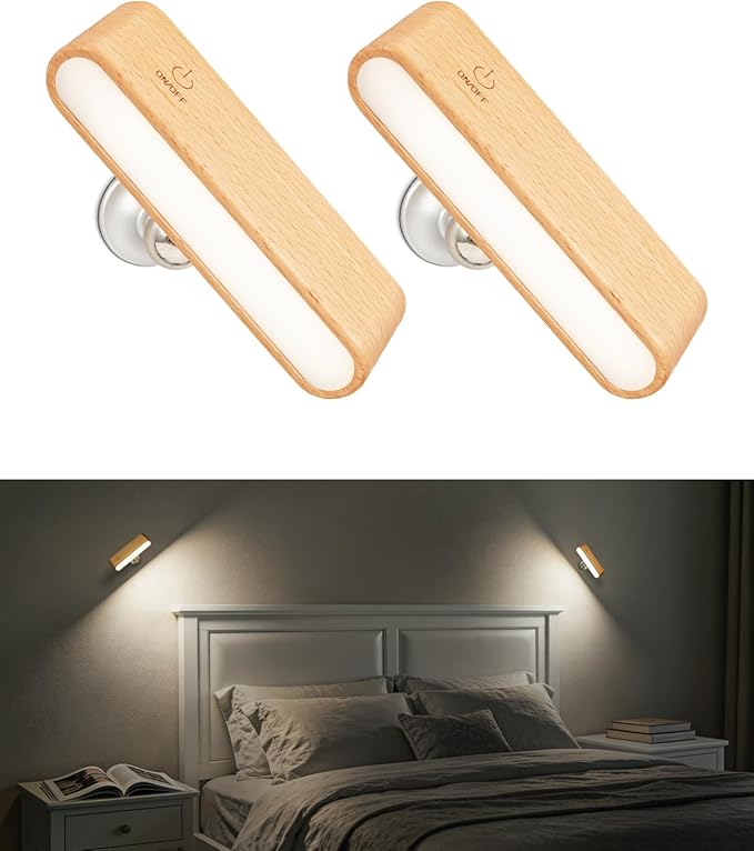 Wood Battery Operated Wall Sconces Set of Two, Magnetic Mini Wall Lights by Vadifula