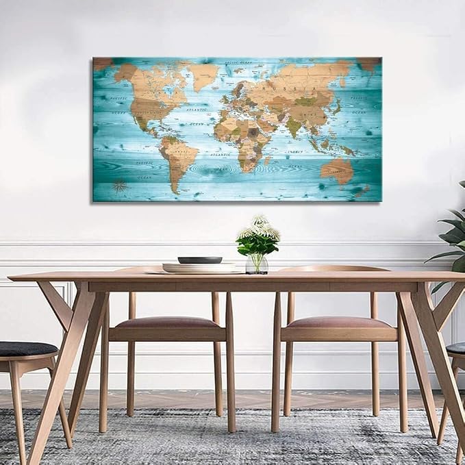 Large Wall Art Blue map of The World Painting Ready to Hang 24"x48"Large Framed - Image 4