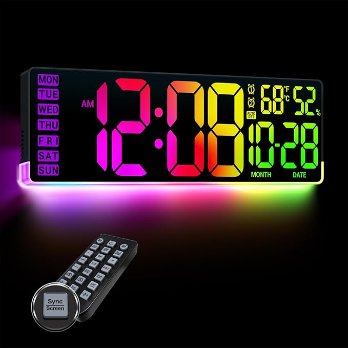 16.5" Large Digital Wall Clock: 11 Screen Colors and 13 U-Shaped RGB Backlight by Nurforta