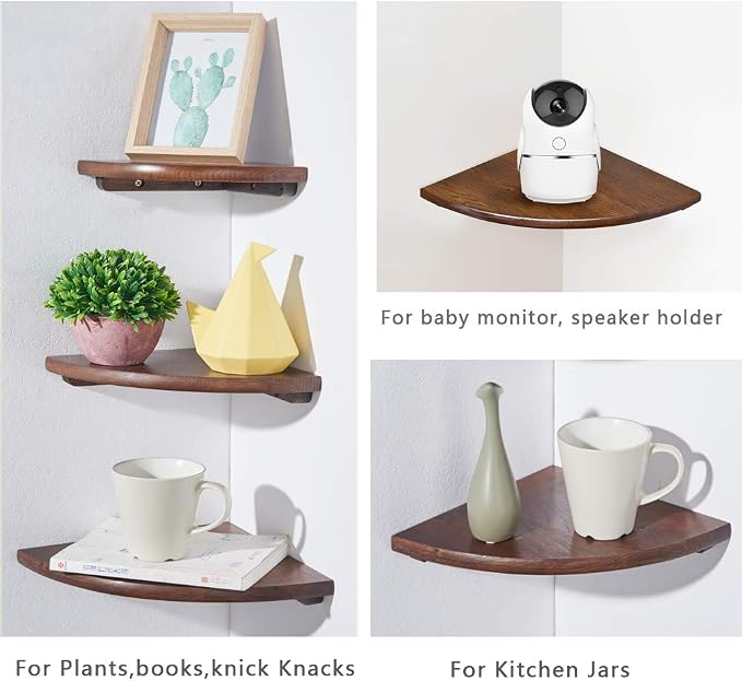 Corner Shelf, 12inch Walnut Solid Wood Floating Corner Shelves Wall Mount Round - Image 7