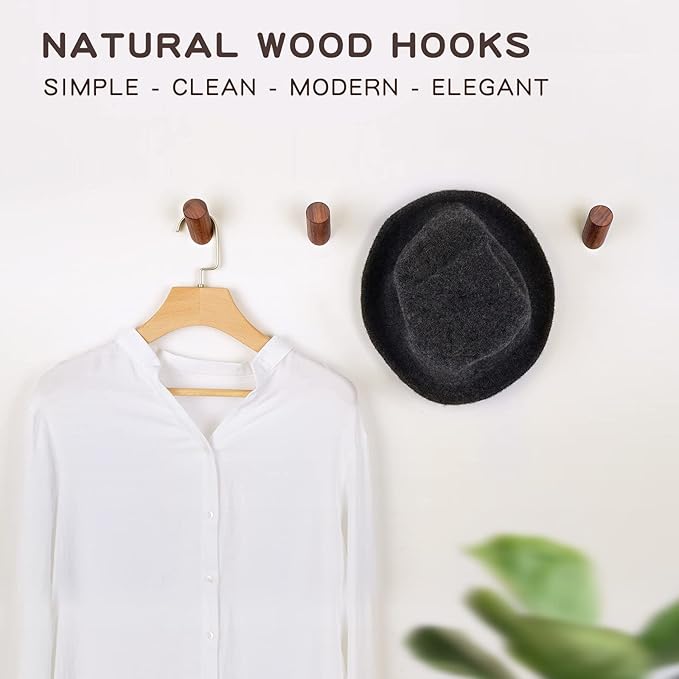 Felidio Wood Wall Hooks, 6 Pack Natural Wooden Coat Hooks Wall-Mounted - Image 2