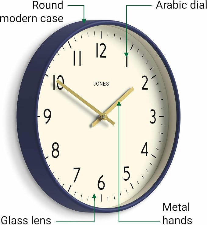 JONES CLOCKS® Studio wall Clock | Modern Round Style | 12 inch | Dark Navy Blue - Image 6