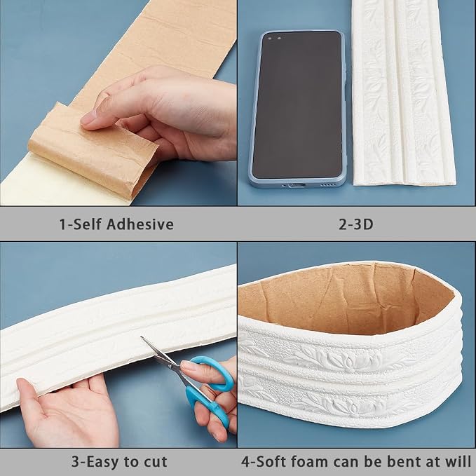 CRASPIRE 90.5 x 3 Wider White Foam Flexible Molding Trim Peel and Stick Self - Image 6