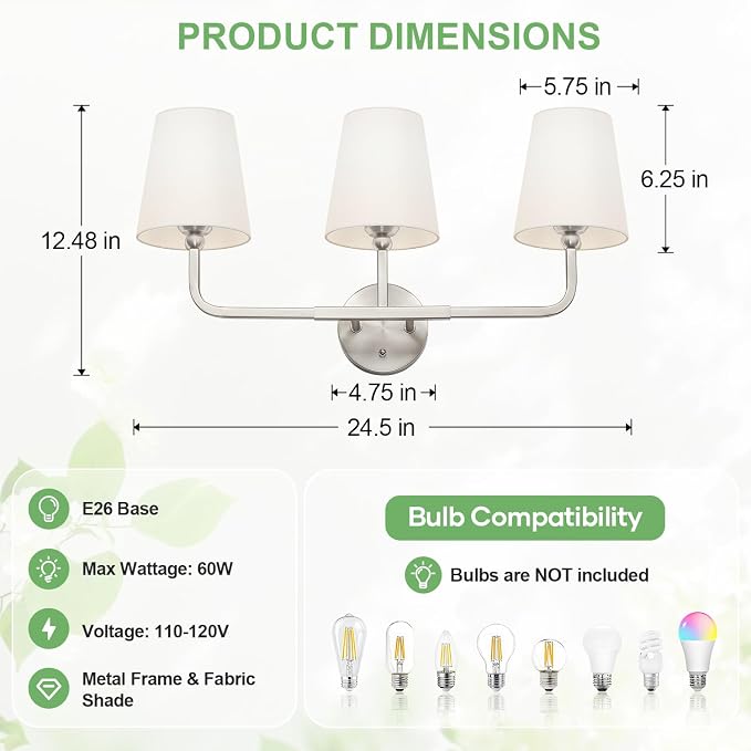 MOKATNG Bathroom Light Fixtures, 3-Light Brushed Nickel Vanity Lights, Bathroom - Image 3