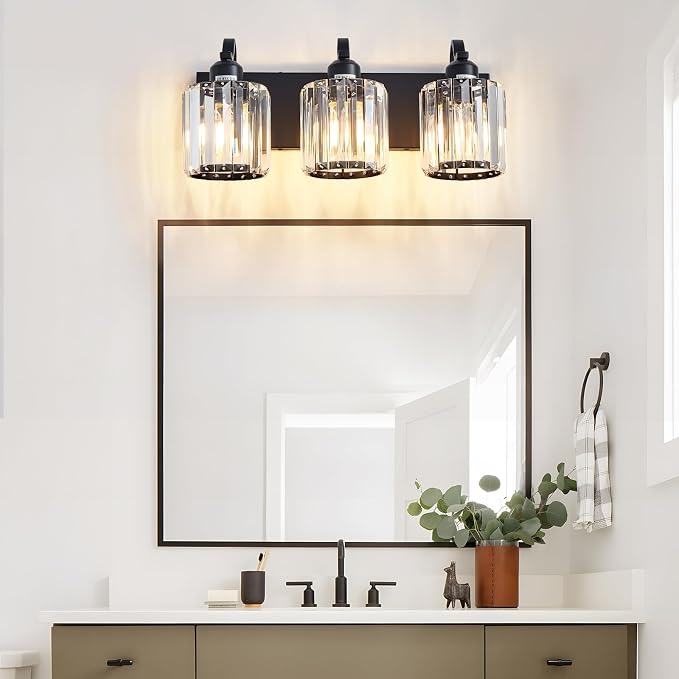 Modern 3-Lights Black Bathroom Vanity Light, Crystal Bathroom Lights Over Mirror - Image 6