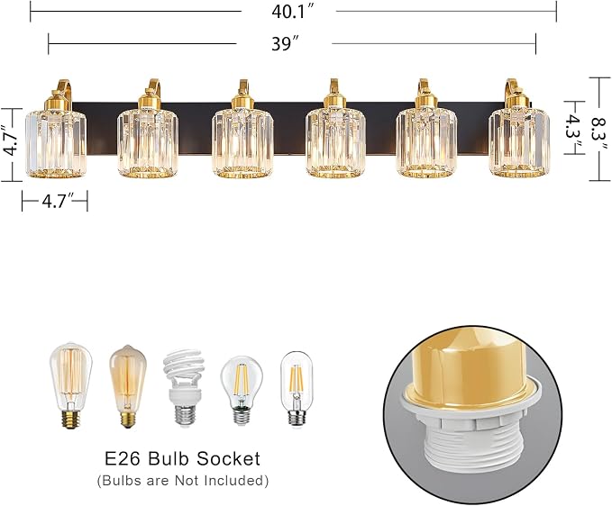 Modern Bathroom Vanity Light 6-Lights Black Gold Crystal Wall Light Fixture - Image 3