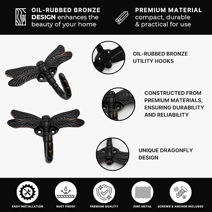 6 pcs Oil Rubbed Bronze Dragonfly Decorative Wall Hooks - Image 5