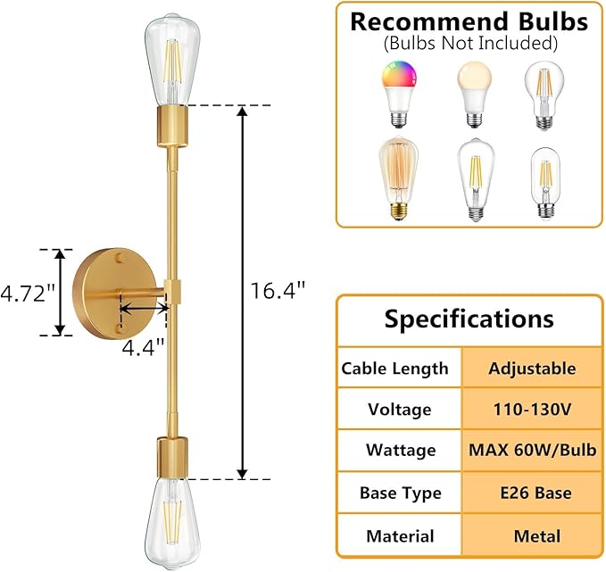 FadimiKoo 2-Light Golden Bathroom Wall Sconces Lighting, Modern Vanity Light - Image 2