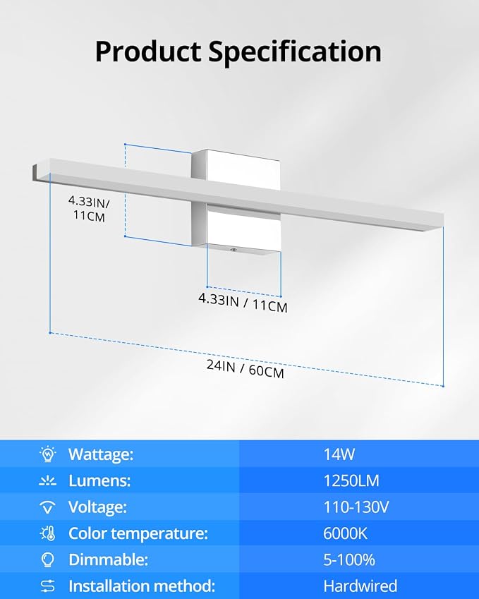 Combuh LED Bathroom Vanity Light Bar Dimmable IP44 Over Mirror Lighting Fixture - Image 3