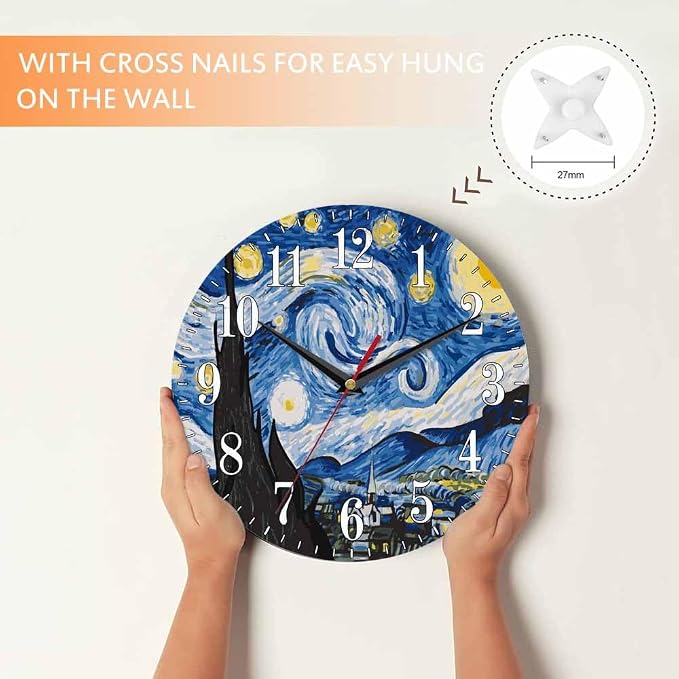 Mxocom The Starry Night Wall Clock Art Oil Painting Moon Mountain Village Van - Image 4