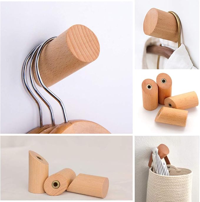 Felidio Wood Wall Hooks, 4 Pack Coat Hooks Mounted Rustic Wooden Heavy Duty - Image 3