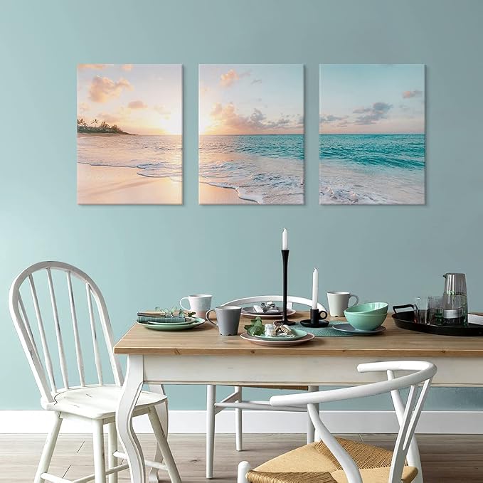 Goldfoilart 3 Pieces Beach Wall Art Sunset Bathroom Canvas Pictures Ocean Wall - Image 8