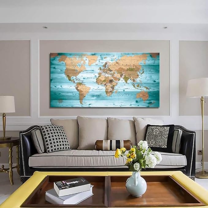Large Wall Art Blue map of The World Painting Ready to Hang 24"x48"Large Framed - Image 2
