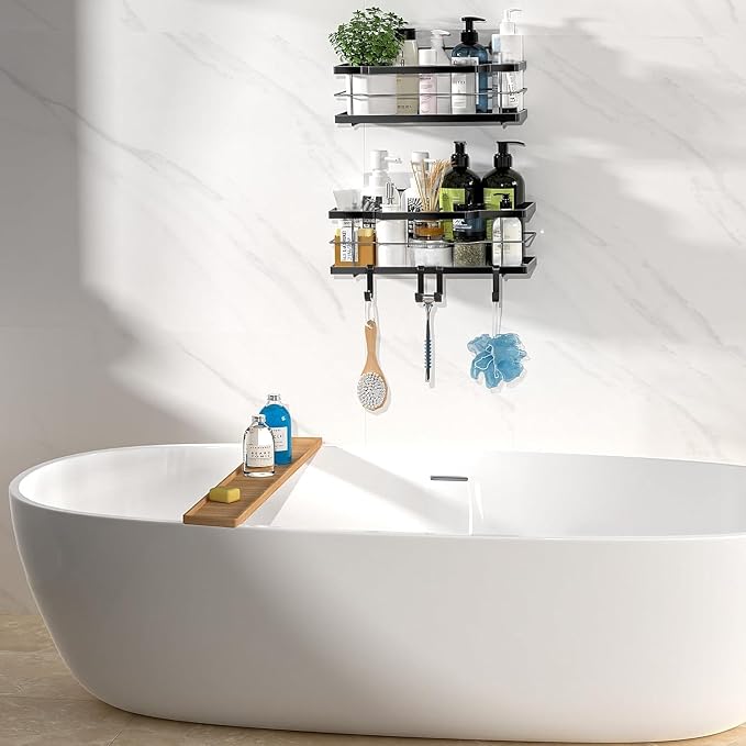 Moforoco Shower Caddy Shelf Organizer Rack, Self Adhesive Black Bathroom - Image 5