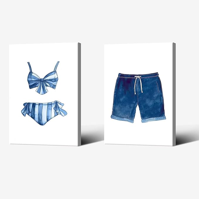 Liyark Set of 2 Retro Navy Blue And White Swimsuit Art Posters Beach Bathing by Liyark